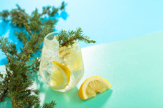 Gin and tonic cocktail with crushed ice and lemon slices.