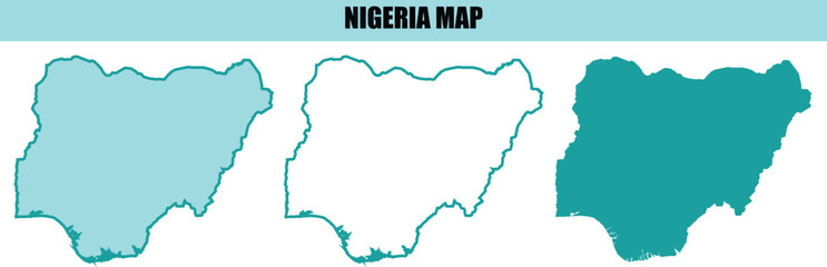 Nigeria map, vector, country outline, teal, geographic illustration, 3 styles © MstMinara