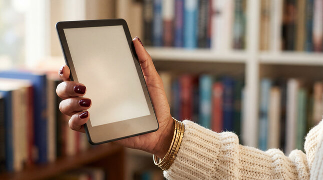 Woman holding e reader in cozy library with bookshelves background for digital reading and e book concept