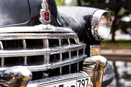 RUSSIA, MOSCOW - July 12, 2026: Close-up. Black GAZ ZIM M12 taxi car at a car exhibition in Moscow, Russia.