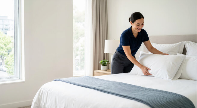 Smiling female hotel staff member making bed and placing white pillow. Professional housekeeper working in bright modern bedroom. Hospitality service
