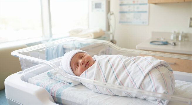 Newborn baby swaddled in a blanket sleeping in a hospital bassinet. Infant resting in a maternity ward crib. Healthcare and birth concept