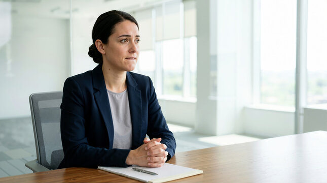Nervous businesswoman waiting for job interview in modern office. Anxious female candidate sitting at conference table with clasped hands. Corporate employment and recruitment concept