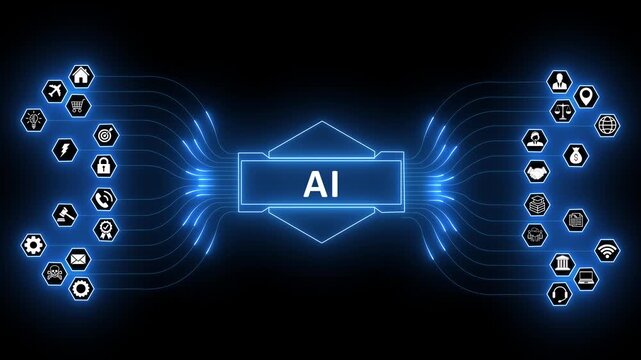 AI artificial intelligence tech hub animation with glowing neon network connection lines and business digital infrastructure ecosystem icons loop concept for data automation.4k video.