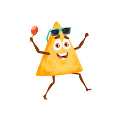 Fototapeta premium Mexican happy cartoon funny food nachos in glasses dancing with maracas isolated character fastfood snack. Vector tasty comic character mascot, traditional smiling tortilla, fastfood nachos emoticon