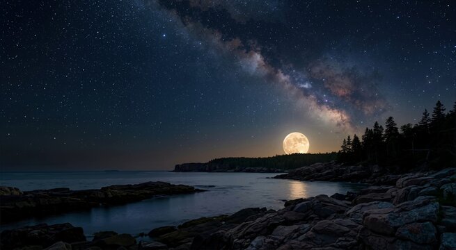 Large full moon rising over a rocky coastline under a starry night sky. Milky Way galaxy visible above a dark forest silhouette and still water