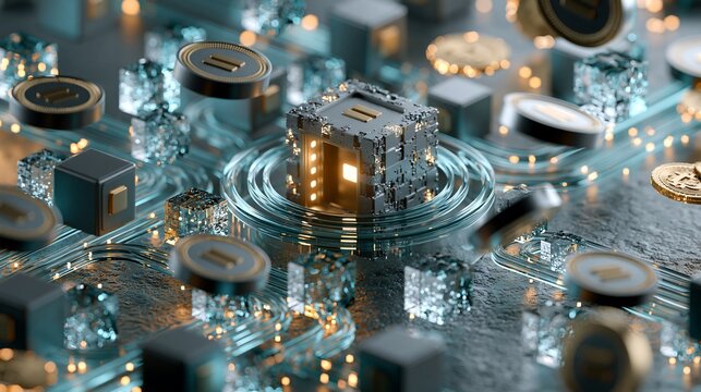 Futuristic Microchip Processor Surrounded by Floating Metallic Components and Data Points Representing Advanced Technology, Artificial Intelligence, and Digital Computing Concepts.