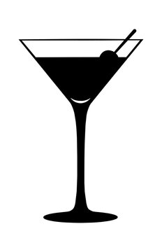 Black silhouette icon of a martini cocktail glass with a single olive on a toothpick isolated on transparent background, Vector