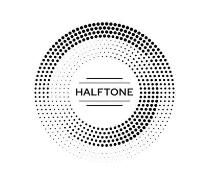 Circle half tone banner dots pattern design element. Halftone pattern circular border, dot texture round background. Half tone circle design element or comic gradient ring vector frame