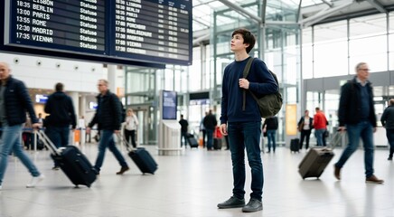 Fototapeta premium Teenage boy looking at a flight departure board in an airport. Young male traveler with a backpack waiting in a terminal