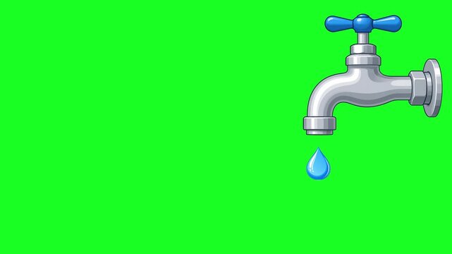 Cartoon water faucet dripping a single teardrop-shaped drop, looped green screen animation. Perfect for water saving or plumbing content.