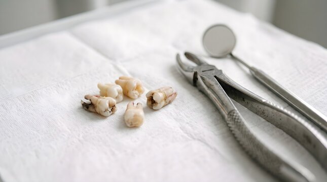 Extracted teeth and dental tools on white cloth dental procedure