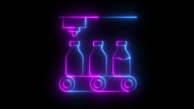 glowing neon Liquid filling machine icon, an industrial conveyor system icon showing the automatic filling of liquids into bottles, perfect for visuals in the food, beverage manufacturing industry.