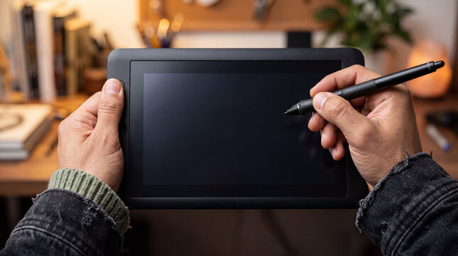 Person holding digital drawing tablet with stylus in creative workspace for graphic design and digital art