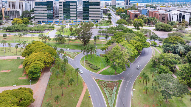 Aerial view of the buildings in the Southern Commercial District and government buildings in downtown Bras&iacute;lia, Brazil, 2025