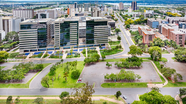 Aerial view of the buildings in the Southern Commercial District and government buildings in downtown Bras&iacute;lia, Brazil, 2025