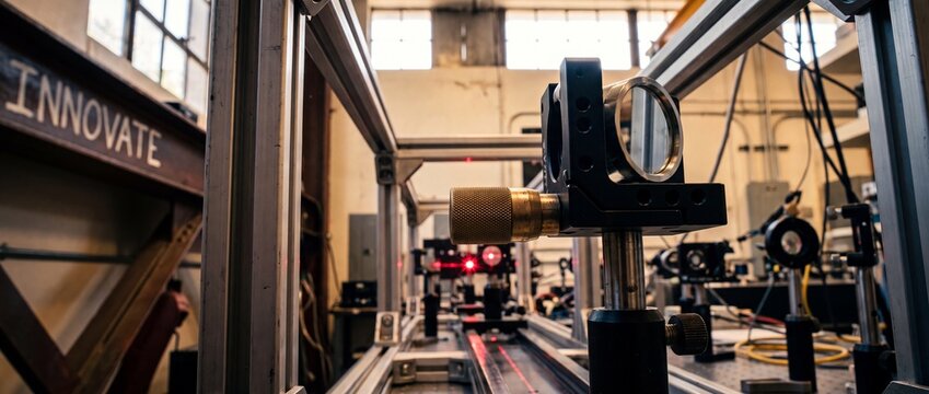 Laser optics research laboratory equipment on optical bench with red beams, precision mirrors, and scientific experimental setup in engineering physics lab for technology innovation development.