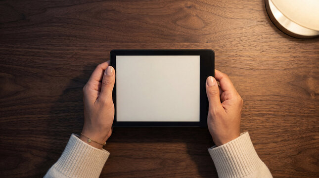 Woman holding e reader tablet with blank screen on wooden desk for digital reading and content display