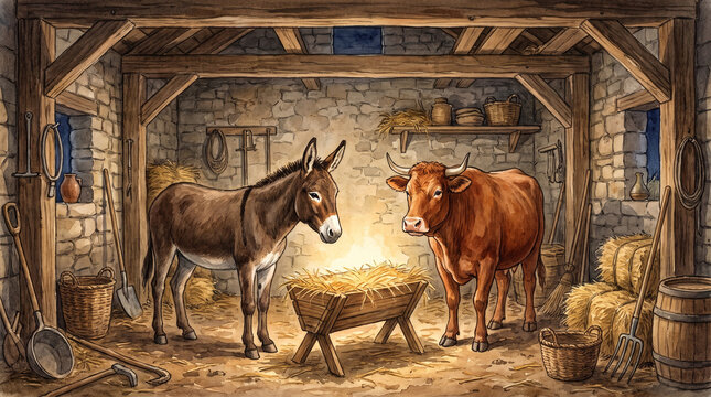 Ancient stable interior with a donkey and an ox looking at a glowing empty manger. Watercolor illustration of the New Testament Nativity theme. Rustic barn setting for the birth of Jesus