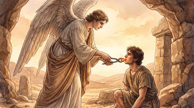Angel touching the lips of a young prophet with a glowing hot coal. Watercolor illustration of an Old Testament vision. Divine messenger purifying a kneeling man with fire