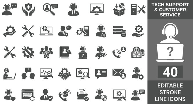Tech Support Solid Icon Set. 40 Icons of Customer Service Helpdesk, Call Center Agent Headset, Computer Repair Tools, System Maintenance, and IT Assistant, Vector Glyph Symbols.
