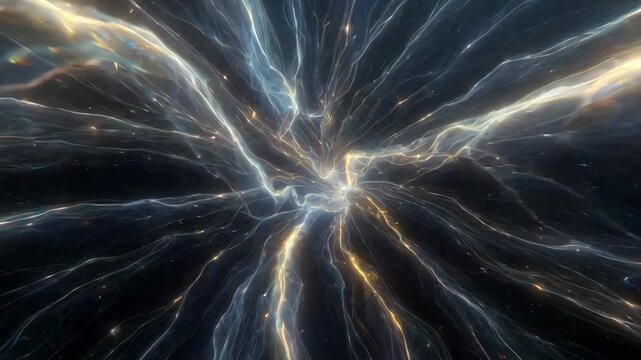 Glowing swirling energy lines in abstract style on dark cosmic backdrop, symbolizing motion and expansion energy