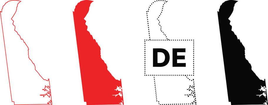 Delaware State Map Outline Silhouette and Postal Abbreviation Vector Collection Isolated on White Background