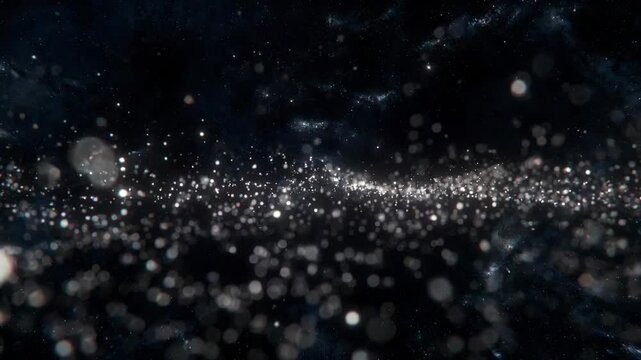 Abstract shimmering particles scattered in deep dark cosmic background expressing mystery and vastness and cosmic depth