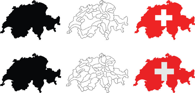 Switzerland map collection featuring silhouette, canton boundaries, dotted outline, and national flag vector illustration design
