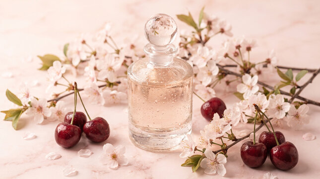 luxury perfume bottle with fresh cherries and cherry blossom flowers on marble table