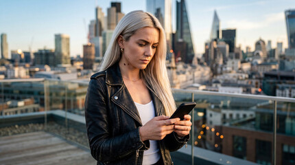 Fototapeta premium Woman using smartphone on rooftop with city skyline background for urban lifestyle and digital connectivity concepts
