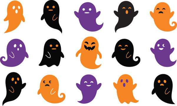 Cute cartoon ghost characters set in orange purple and black colors for Halloween party designs isolated on transparent background, Vector