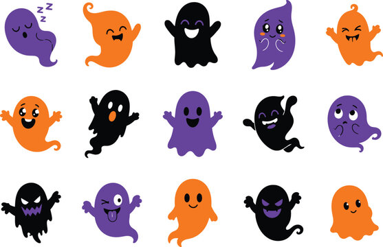 Set of cute colorful ghosts for Halloween party decorations and fun spooky vector illustrations isolated on transparent background, Vector