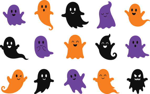 Set of cute colorful ghosts for Halloween party decoration elements and spooky holiday graphics isolated on transparent background, Vector