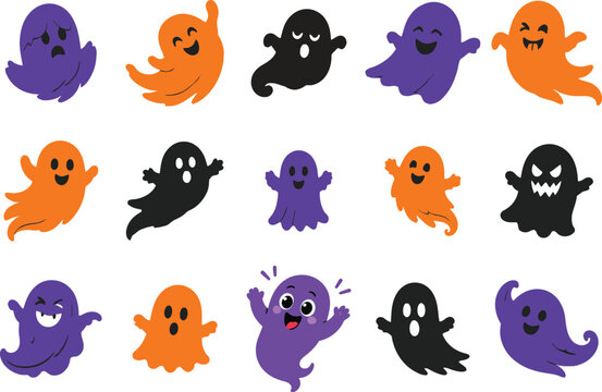 Set of cute colorful ghosts for Halloween party decorations and spooky fun graphic design icons isolated on transparent background, Vector