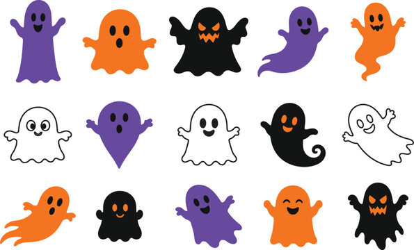 Cute cartoon ghost characters collection for Halloween party decorations and festive designs isolated on transparent background, Vector