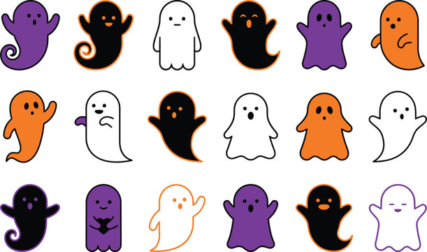 Set of cute colorful ghost characters for Halloween design elements and spooky party decorations isolated on transparent background, Vector