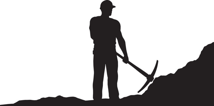 Silhouette of a male miner wearing a hard hat working with a pickaxe tool in a mine isolated on transparent background, Vector