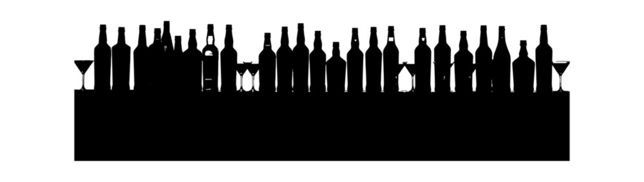 Black silhouette of various glass bottles and alcohol drinks arranged in a row on a bar shelf for pub or restaurant menu design isolated on transparent background, Vector
