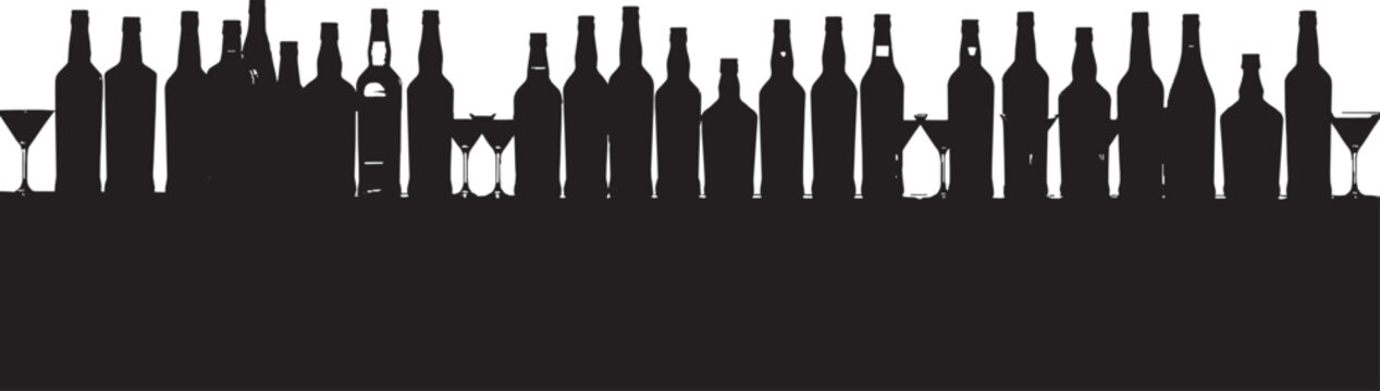 Black silhouette of various glass bottles and alcohol drinks arranged in a row on a bar shelf for pub or restaurant menu design isolated on transparent background, Vector