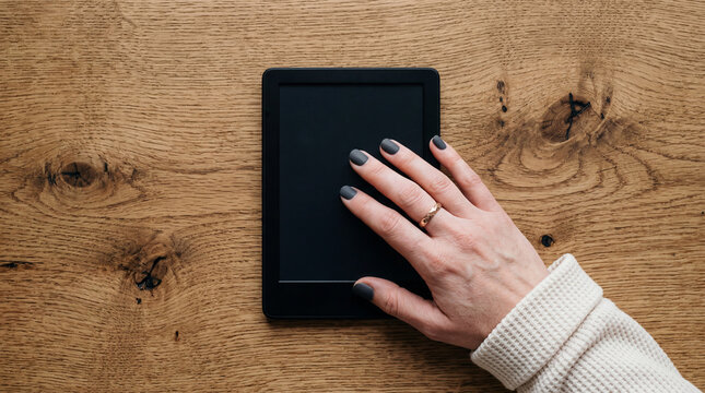 Woman hand touching e reader on wooden table for digital reading and tech lifestyle