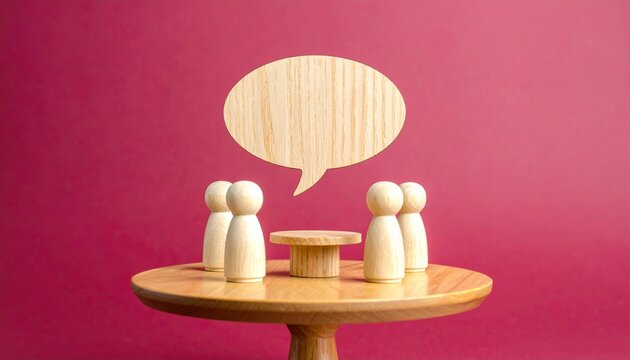 Wooden Peg Figures Gathered Around Round Table with Speech Bubble Communication Concept

