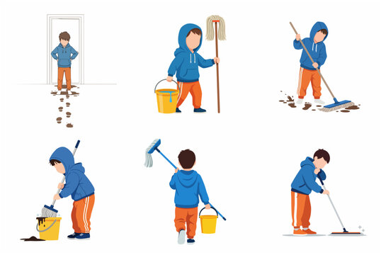 Little boy character set cleaning muddy floor with mop and bucket, child doing household chores illustration