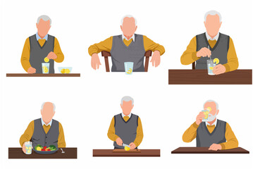 Senior man preparing and drinking refreshing lemon water and eating healthy salad, flat vector illustration character set isolated on white background.