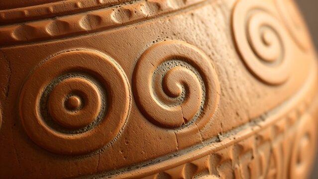 Ancient pottery with spiral and wave motifs, terracotta clay texture.