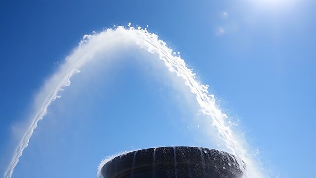 A fountain's water jet arching against a blue sky with sunlight creating glints.