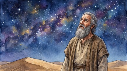 Obraz premium Elderly Abraham looking up at a starry night sky in the desert. Watercolor illustration of the Old Testament Genesis theme of faith. Biblical concept of divine promise