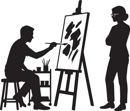 Black silhouette of artist painting on canvas as female critic observes