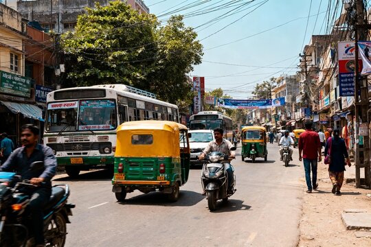 Bustling Street Scene with Auto Rickshaws and Buses