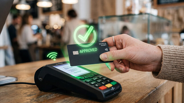 Hand holding contactless debit card over payment terminal with green approved checkmark in cafe setting for digital payment concept